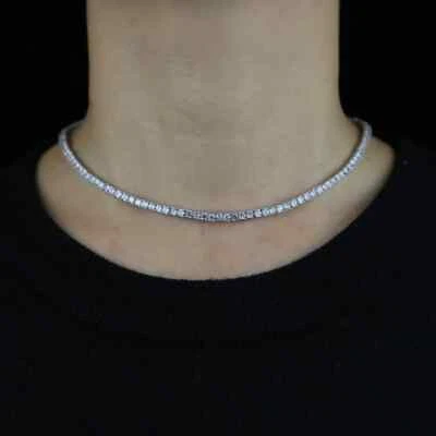 Iced Out Bling Zircon 3mm Tennis Chain Necklace Silver Color CZ Charm Choker 18" - Image 1 of 4