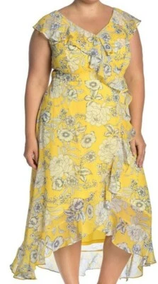 Vestido maxi de festa London Times com babados envoltório falso serve no tamanho 16W amarelo novo com etiquetas $138 - Imagem 1 de 3