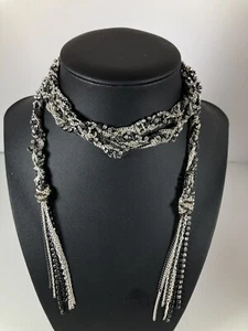 STELLA & DOT ADRIENNE MIXED CHAIN Lariat Statement Necklace Hematite Rhinestones - Picture 1 of 4