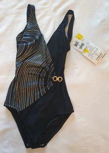 Longitude One Piece New w Tags Bathing Suit Black Gold Stripe Accent Size 10 T - Picture 1 of 15