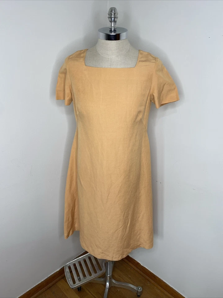 Laura Ashley Dress Sz US 10 UK 14 Silk Linen Peach Short Sleeve Midi Square Neck - Image 1 of 4