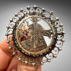 Vintage Egyptian Pharaoh Carved 800 Silver Pin Brooch Pendant Women's Jewelry - Picture 1 of 8