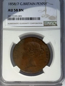 1858/7 Great Britain Penny NGC AU 58 Brown Young Head - Picture 1 of 2