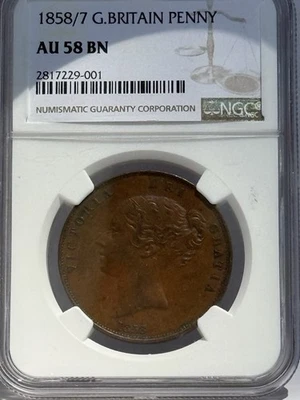 1858/7 Great Britain Penny NGC AU 58 Brown Young Head - Image 1 of 2