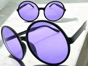 OVERSIZED EXAGGERATED Retro SUNGLASSES X Large Big Round Black Frame Purple Lens - Picture 1 of 6