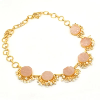 Pink Rose Quartz Rough Gold Plated Wedding Jewelry Unique Necklace 18" T299 - Image 1 of 4
