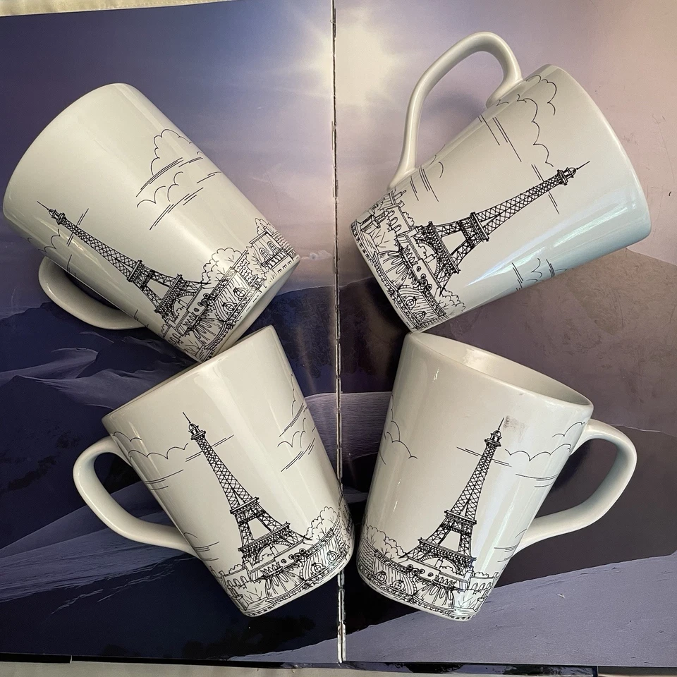 222 Fifth City Scenes Black & White Eiffel Tower Paris 4 Mugs 12 oz - Image 1 of 4