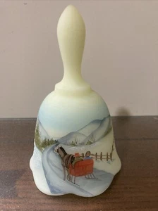 Fenton Art Glass Hand Painted 1980 BELL Horse & Sleigh Snow Satin Custard Glass - Picture 1 of 5