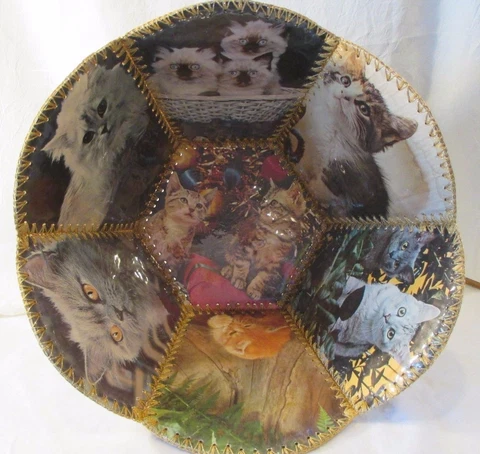 VINTAGE 1960's HAND MADE CARD BASKET BOWL EXTRA LARGE KITTY CATS CALENDAR SIZE Cover