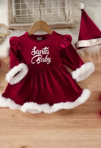 Red Velour Baby Christmas Santa Dress & Hat 18 -24 mo NEW Faux Fur -Santa Baby - Picture 1 of 10