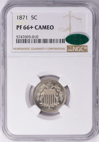 1871 Shield Nickel Proof PCGS PR66+CAM Plus CAC 5C Cover