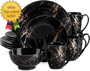 Plates and Bowls Sets for 4, Black Dinnerware Sets 16 Piece Gold Splash Glaze ro - Picture 1 of 12