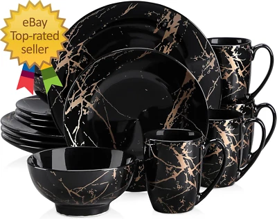 盘子和碗套装适用于 4 件,黑色餐具套装 16 件套金色飞溅釉 ro — 第 1/4 张图片