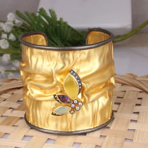 Yellow Moonstone CZ 18K Gold Plated Hammered Texture Brass Wide Cuff Bracelet - Picture 1 of 6