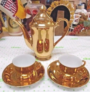 ALL-Over GOLD China DEMITASSE SET Teapot with Two Cups and Saucers - Picture 1 of 12