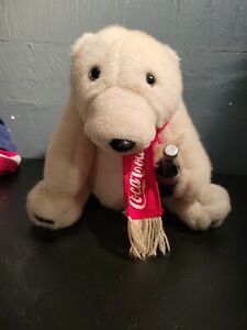 1993 Large Coca-Cola White Polar BEAR Stuffed Plush Red Scarf & Coke Bottle