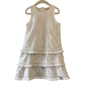 PINK CHICKEN White Eyelet Dress Girls 6 Tiered Sleeveless Boho Fringe Hem Cotton - Picture 1 of 6