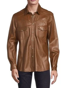 Men's Real Lamb Leather Shirt Full Sleeves With Chest Pockets Tan Leather Shirt - Picture 1 of 2