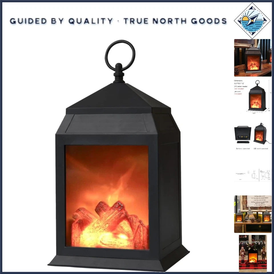 12" H Decorative Black Fireplace Lantern and Battery Operated and 6 Hour Timer