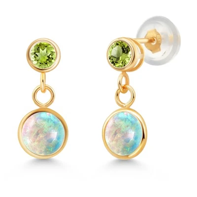 2.24 Ct   White Simulated Opal Green Peridot 14K Yellow Gold Earrings - Image 1 of 4