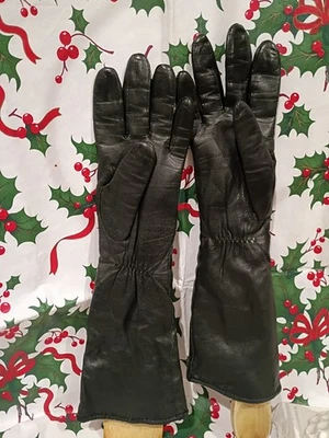 Vtg Women’s 13" 3/4 Long Black Glace Leather Gloves Size 7 Acrylic Lining Size 7 - Image 1 of 4