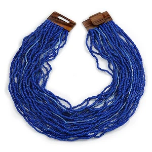 Statement Multistrand Cobalt Blue Glass Bead Necklace with Wood Closure - 60cm - Picture 1 of 6