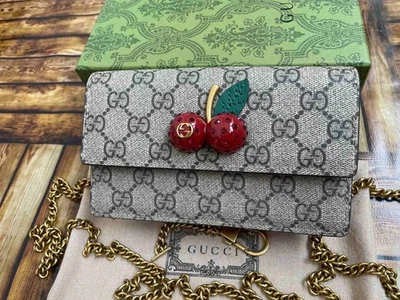 Gucci Cherry Super Mini Bag Supreme Canvas Gold GG Chain Keyring Purse Authentic - Image 1 of 4