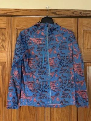 Aasics Blue/Coral Patterned Hooded Running Windbreaker Jacket • Small - Image 1 of 4