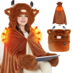 Highland Cow Heated Wearable Blanket – USB Powered Hooded Blanket with 3 Heat... - Picture 1 of 9