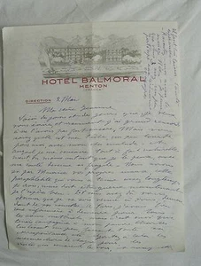 MENTON lettre à entete Hotel Balmoral - Picture 1 of 1
