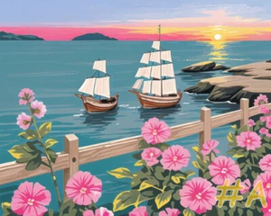 Sailboat and Flowers by the Coast - Printed Needlepoint Canvas #FA132-1 - Picture 1 of 6