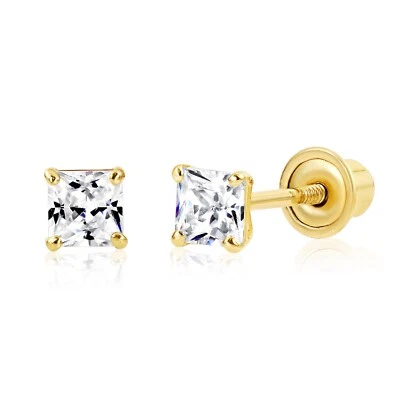 14K Solid Gold Diamond Princess-Cut Solitaire Stud Earrings 2mm 3mm Lab Grown - Image 1 of 4