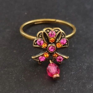 Michal Negrin Charm Ring Dainty Hot Pink Orange Sparkly Crystals 6.75 Bead Bow - Picture 1 of 15