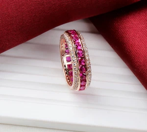 18k Rose Gold Plated Red Cubic Zirconia Eternity Wedding Band Ring Size 7 - Picture 1 of 7