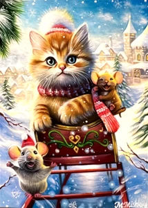 Limited Edition ACEO PRINT Cat Kitten Mouse Christmas Sleigh Winter M. Mishkova - Picture 1 of 1