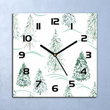 Glass Wall Clock Home Kitchen Silent Modern Winter Aquarelle Forest Trees 30x30
