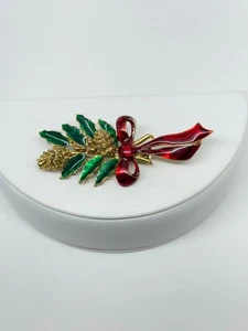 Vtg LIA Christmas Brooch pinecone spray Red ribbon gold tone enamel signed - Picture 1 of 5