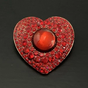 Red Rhinestone Heart Brooch Mogul Jewel Cabochon Gold Tone Vtg Jelly Belly Pin - Picture 1 of 7
