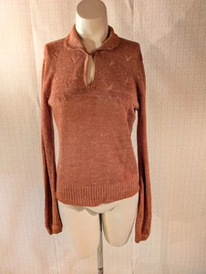 Vintage 70s Knit Sweater S Lightweight Knit Burnt Orange Peter Pan Cottage Prep - Picture 1 of 13
