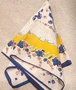 Vintage Estate Blue Yellow Pink Floral Accent Handkerchief Ladies Hankie - Picture 1 of 7