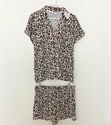 Tahari Animal Leopardo Pijama Pijama Conjunto Manga Corta Botón Camisa Pantalones Cortos XL NUEVO Foto 1 de 4