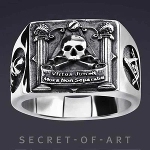 Freimaurer Ring Silber 925 Masonic Skull Totenkopf Memento Mori Biker Siegelring - Bild 1 von 12