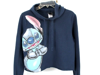 DISNEY Stitch Hooded Crop Sweatshirt Women Junior XS Blue Pullover Long Sleeve - Image 1 of 4