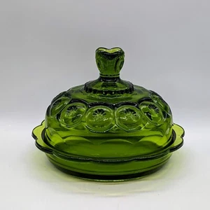 Vtg LE Smith Moon & Stars Green Glass Lidded Round Butter Cheese Dish 5" x 7.5" - Picture 1 of 12