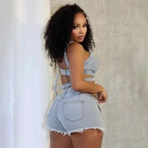 Jumpsuits Denim Crop Top Shorts Retro Sleeveless Bodysuit Vacation - Picture 1 of 12