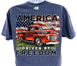 Heather Blue Ford Truck T-Shirt w/ "America Driven By Freedom" Script - Picture 1 of 5