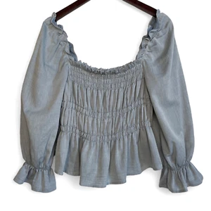 Who What Wear Ruched Chambray Twilight Peplum Top Medium Ballonärmel - Bild 1 von 8