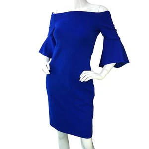 Joseph Ribkoff Womens Size 6 Dress Sheath Off The Shoulder Flare Sleeve Blue - Picture 1 of 16
