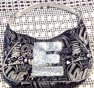 Justice Purse Glitter Letter Initial E Black Silver Love Peace - Picture 1 of 5