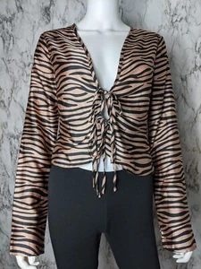 Top para mujer SuperDown L grande a rayas de tigre satén corbata frontal manga larga - Imagen 1 de 12